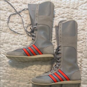 adidas Gray High-Top Lace-Up Boots with Red & Blue Stripes